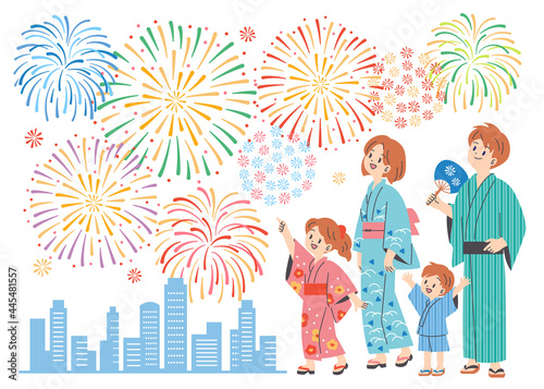 花火を楽しむファミリーのイラスト　白背景