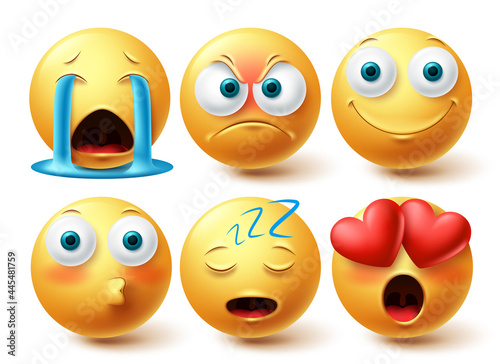 Smileys emoji face vector set. Emojis smiley collection isolated in white background for emoticon graphic elements design. Vector illustration
