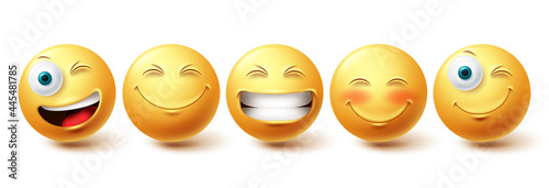 Smileys emoji happy face vector set. Smiley icons and emoticon with funny, happy and winking facial expressions in yellow color isolated in white background. Vector illustration