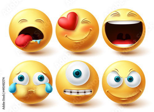 Smiley emoji vector set. Smileys emoticon happy, cute, crying and cyclops eye yellow icon collection isolated in white background for graphic elements design. Vector illustration
 photo