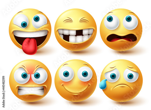 Smiley funny emoji vector set. Smileys emoticon yellow icon collection isolated in white background for graphic elements design. Vector illustration 