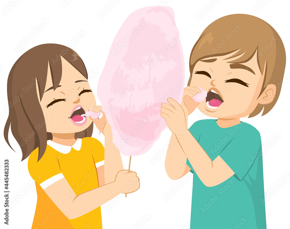 Two cute siblings children eating delicious strawberry cotton candy floss together Two cute siblings children eating delicious strawberry cotton candy floss together