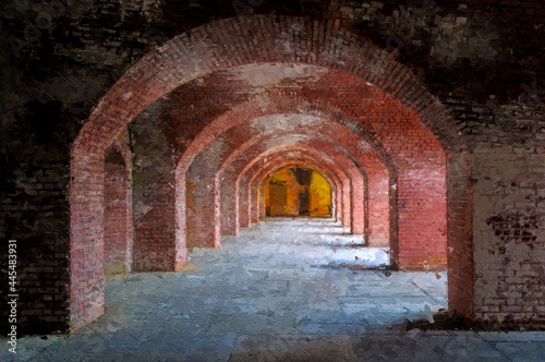 Digital Art. Old brick arches and columns of ancient fort. Conceptual image on historical, religious and travel theme