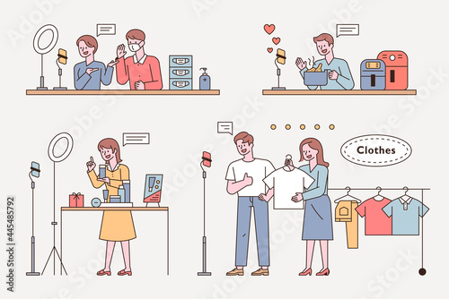 Influencers and hosts are selling goods while broadcasting live on mobile. flat design style minimal vector illustration.