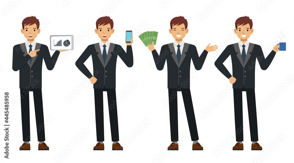 Businessman wear black suit and blue tie character vector design. Presentation in various action. Businessman wear black suit and blue tie character vector design. Presentation in various action.
