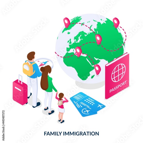 Family immigration concept. A young family of mom, dad and child decides where to move. Isometric vector illustration on white background.