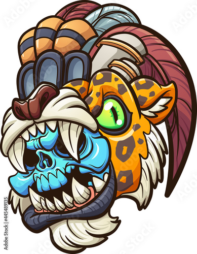 Cartoon colorful Aztec jaguar warrior with blue skull. Vector clip art illustration with simple gradients. All on a single layer. 
