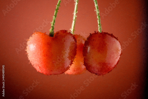 Digital Art. Three red cherries hanging from stems. Conceptual image on food, culinary, and health theme.