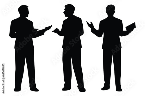 Set of presenting businessman with tablet in hand silhouette vector on white background