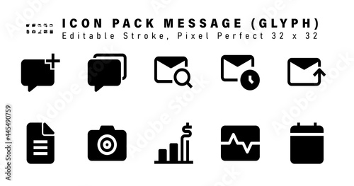 Icon Set of Message Glyph Icons. Contains such Icons as Mail, Blank Page, Camera, Analytics etc. Editable Stroke. 32 x 32 Pixel Perfect