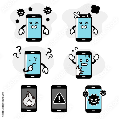 スマホのキャラクターの故障やトラブルに関する表情セット