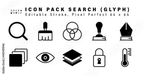 Icon Set of Search Glyph Icons. Contains such Icons as Pen Tool, Blend Mode, Eye, Layer etc. Editable Stroke. 64 x 64 Pixel Perfect