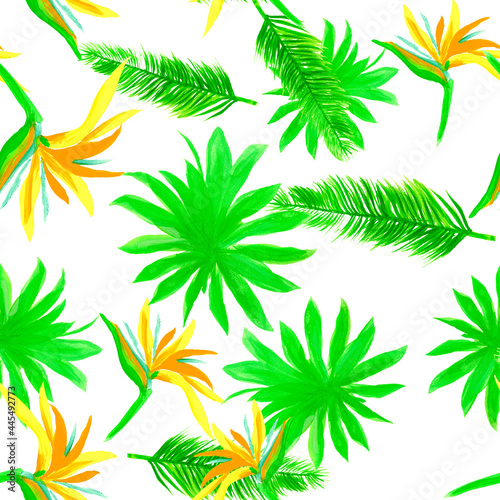 Organic Pattern Leaf. White Seamless Textile. Green Tropical Painting. Natural Isolated Palm. Drawing Leaves. Decoration Leaf. Wallpaper Plant. © Surendra