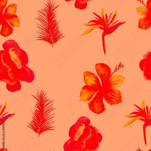 Pink Pattern Foliage. Red Seamless Leaf. Coral Tropical Plant. Ruby Flower Leaves. Scarlet Wallpaper Nature. Decoration Plant. Watercolor Background.