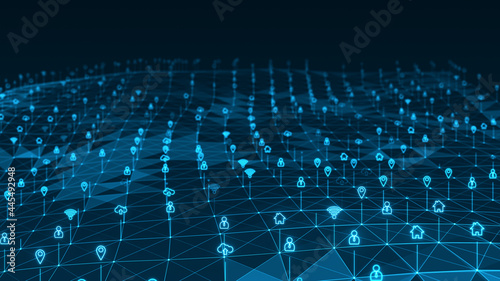 Blue futuristic technology icon and line linked network connection abstract background concept