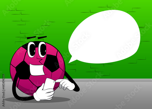 Soccer ball using a mobile phone. Traditional football ball as a cartoon character with face.