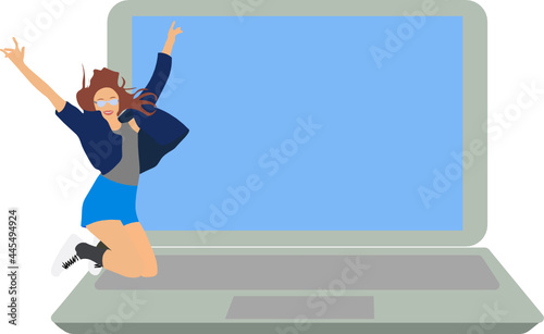 Mujer saltando sobre un notebook gigante. fondo transparente