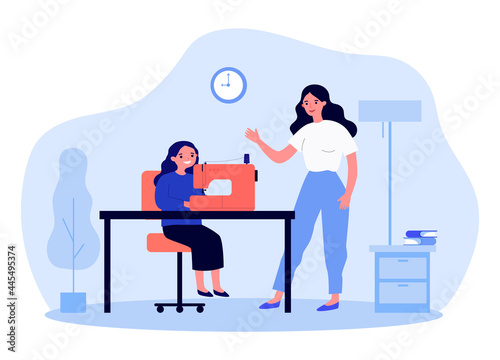 Mother teaching daughter to use sewing machine. Woman explaining to girl how to make or repair clothes flat vector illustration. Family, education concept for banner, website design or landing page