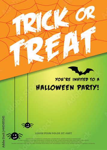 Happy halloween Trick or treat with spider web and spider and bat on green background, vector illustration
