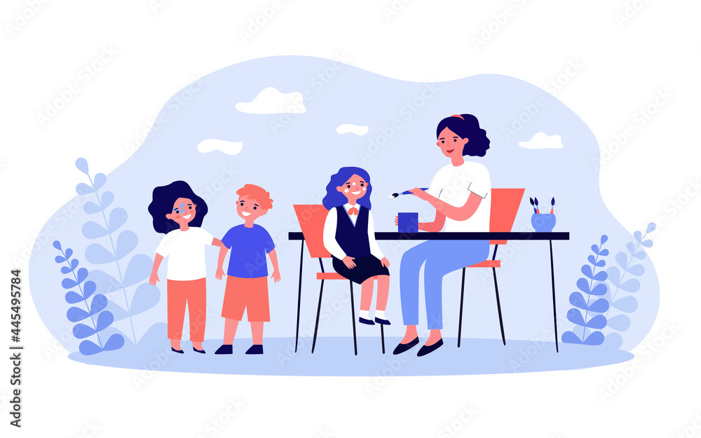 Woman painting faces of children sitting at table. Flat vector illustration. Kids, girls and boy getting drawings on their faces from mother or teacher. Joy, face-art, drawing, childhood concept Woman painting faces of children sitting at table. Flat vector illustration. Kids, girls and boy getting drawings on their faces from mother or teacher. Joy, face-art, drawing, childhood concept