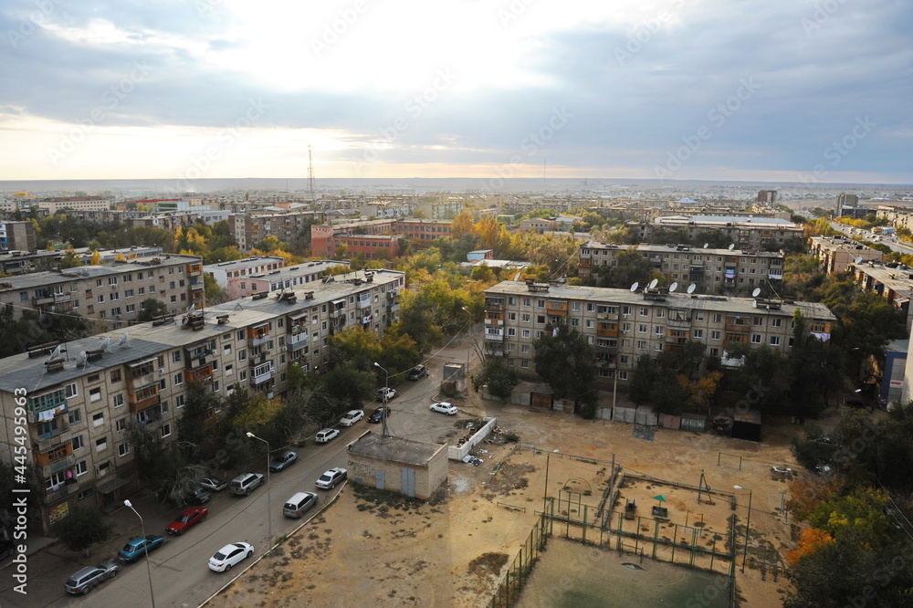 Zhezkazgan, Kazakhtan - 10.10.2016 : Residential buildings, commercial buildings and courtyards along the central streets of the city.