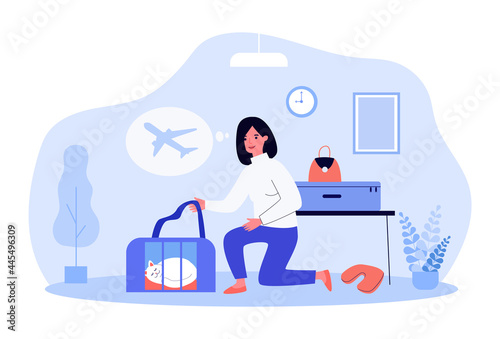 Woman preparing for flight on airplane with beloved pet. Flat vector illustration. Girl taking carrier with sleeping cat, suitcases and going to airport. Travel, pet, animal, family, plane concept