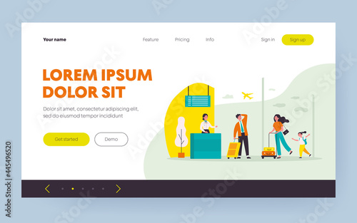 Travelers running for flight registration. Passenger, plane, airport flat vector illustration. Vacation and travel concept for banner, website design or landing web page