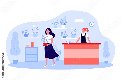 Happy girl leaving store with plant. Flat vector illustration. Interior of florist shop, seller at counter, girl going, holding flowerpot in her hands. Nature, planting, home design, shopping concept