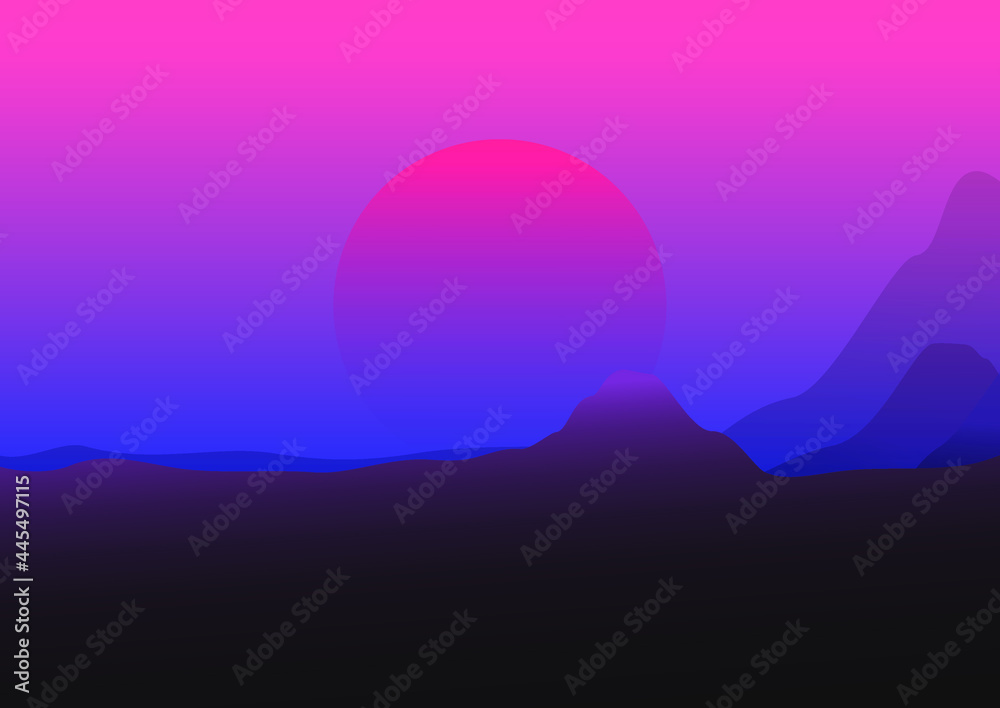 Sunset vector illustration, Landscape with sun and mountain.