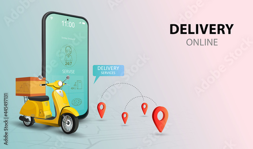 Online delivery service by scooter. Shopping website on a mobile. Food order concept. Web Banner, app template. Vector illustration
