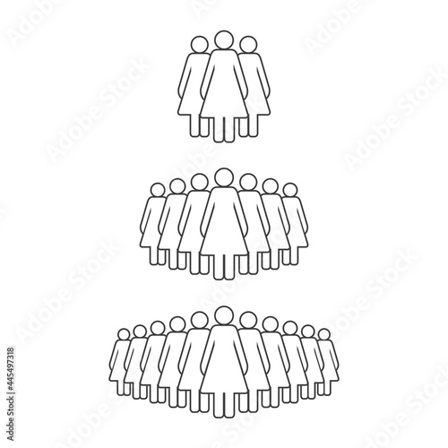 Small, medium and large group of women. Female people crowd line icon. Vector illustration