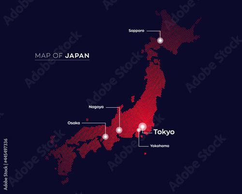 Abstract vector map of japan with capital and major cities. Dots composition map on dark background. 