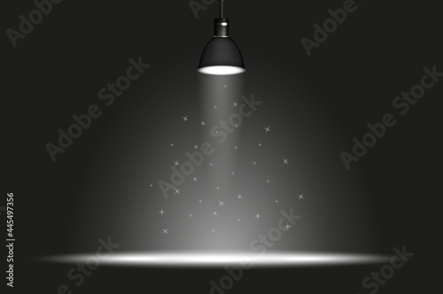 Black lamp with spotlight in dark room. Wide light spot. Vector illustration
