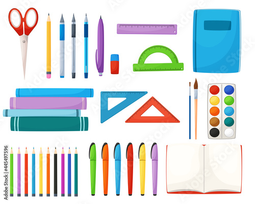 Cartoon set of stationery items. Vector illustration of tools for school. Collection Office items. Pens, pencils, rulers, books. Back to school. 