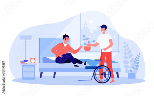 Friend or assistant helping man get on wheelchair from bed. Disabled person in bedroom flat vector illustration. Assistance, disability, friendship concept for banner, website design or landing page