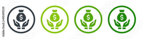 Hand holding dollar money bag, symbol of savings, earnings, investment and profit. Vector icon illustration.