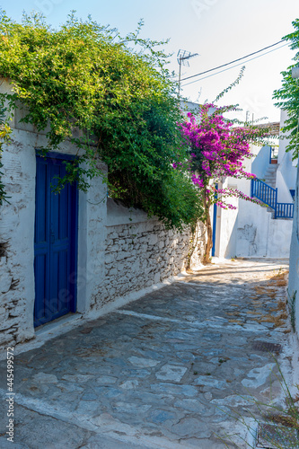 Traditional cycladitic   alley with a narrow street,  whitewashed  houses and a blooming bougainvillea in Chora Amorgos  Greece © valantis minogiannis