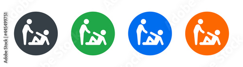 Person helping someone that fall to stand up vector icon. Solidarity concept. Support and assistance symbol.