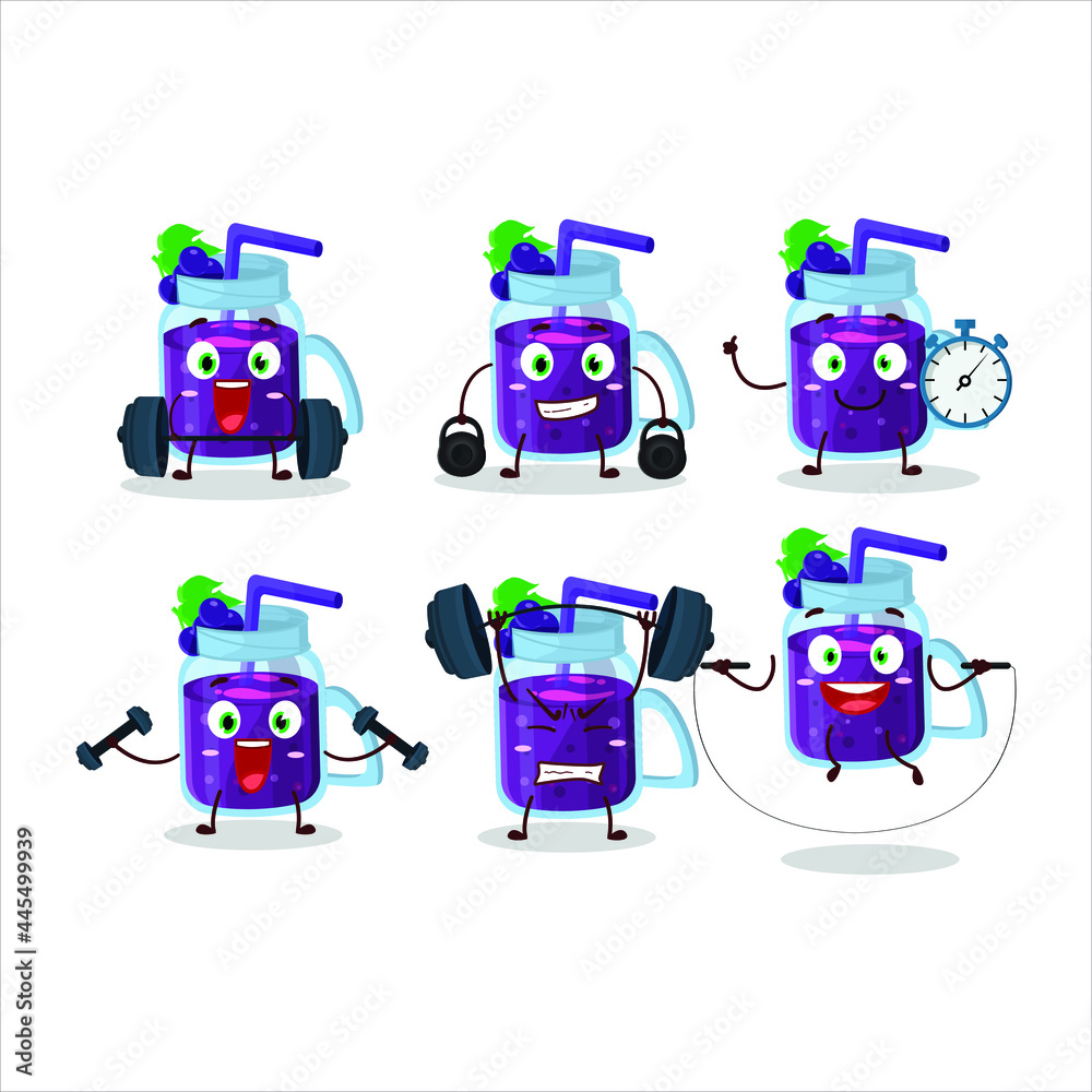 Fototapeta premium A healthy grapes smoothie cartoon style trying some tools on Fitness center. Vector illustration