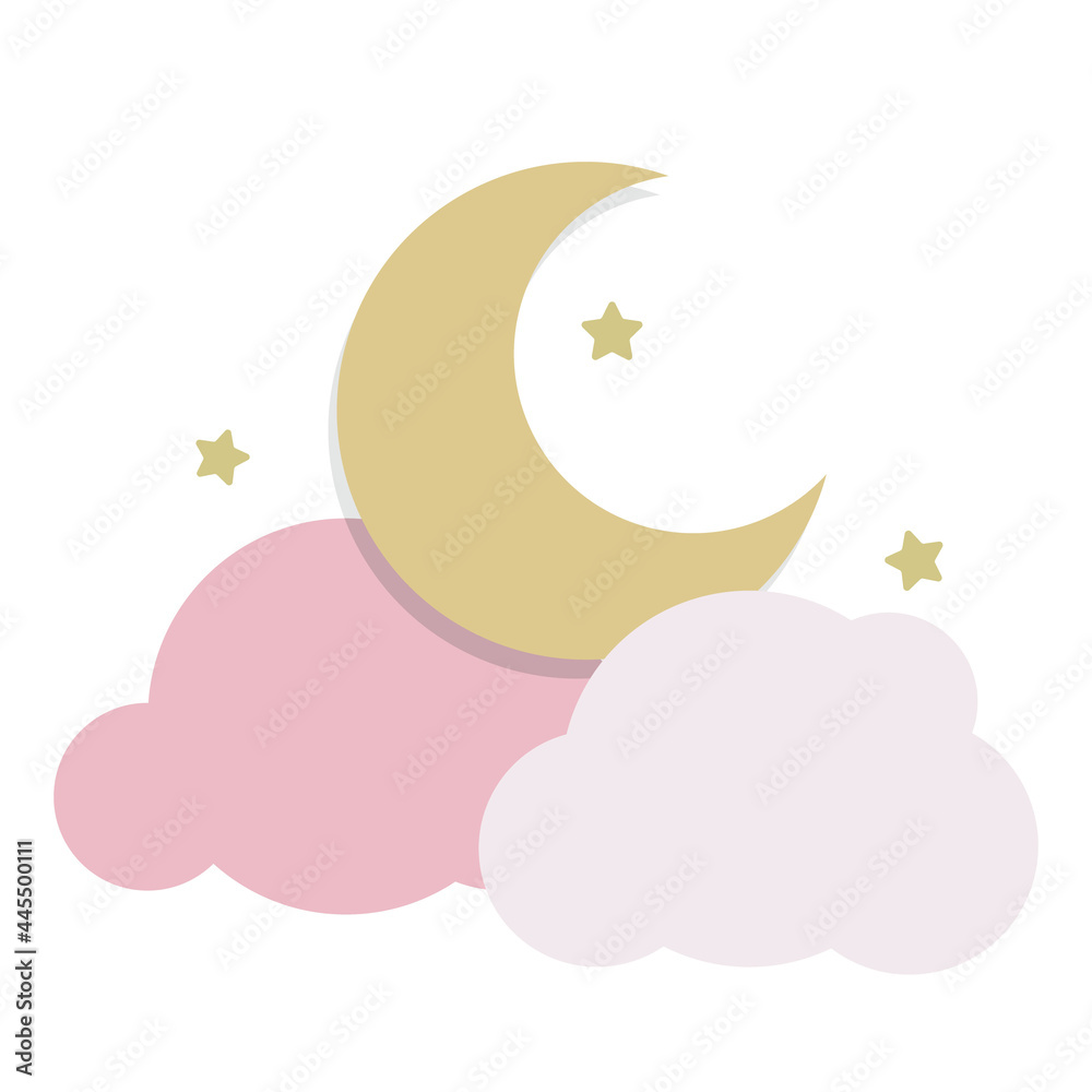 Golden moon, stars and pink clouds, flat design vector illustration, cute, girly Golden moon, stars and pink clouds, flat design vector illustration, cute, girly