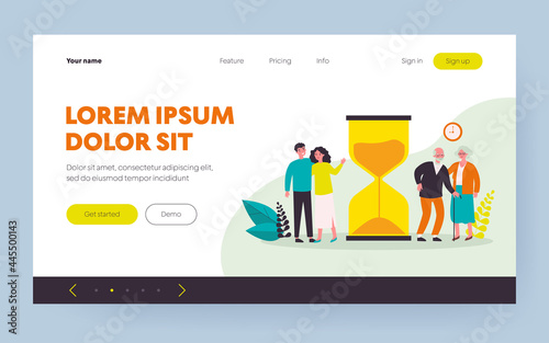 Time of young and senior people. Couples standing near hourglass flat vector illustration. Age, lifespan, generation concept for banner, website design or landing web page