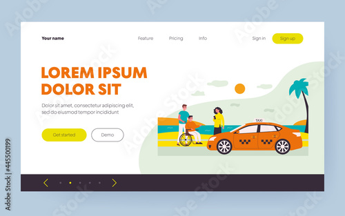 Woman ordering taxi for handicapped man. Sea, car, wheelchair flat vector illustration. Transportation and weekend concept for banner, website design or landing web page