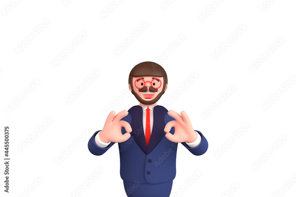Happy cartoon character stands and shows OK sign. 3d render illustration on white background Happy cartoon character stands and shows OK sign. 3d render illustration on white background
