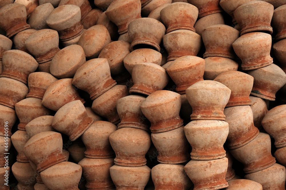 Handmade Eco friendly clay pots in the pottery workshop, clay pots, background, Asian stone mortar pottery,