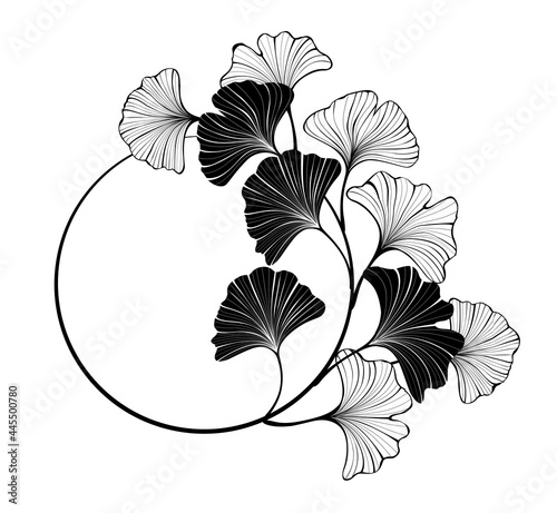 Round banner with silhouette leaves Ginkgo biloba