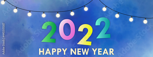 2022 Happy New Year colorful and fun text. lettering, Background of abstract hand drown vector illustration. website, header, letter, typography, graphic, copy space, retro, light garlands, night