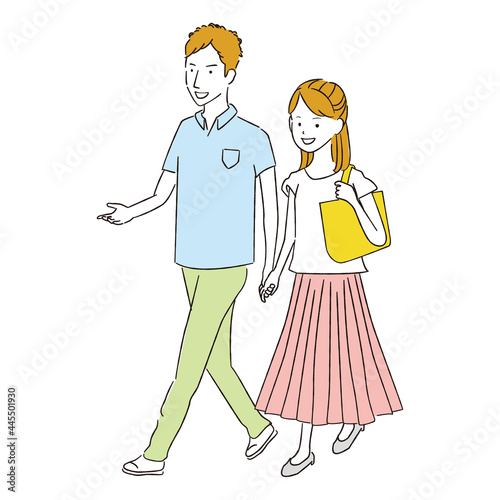 手書き線画カラーイラスト　カップル　おでかけ　夏