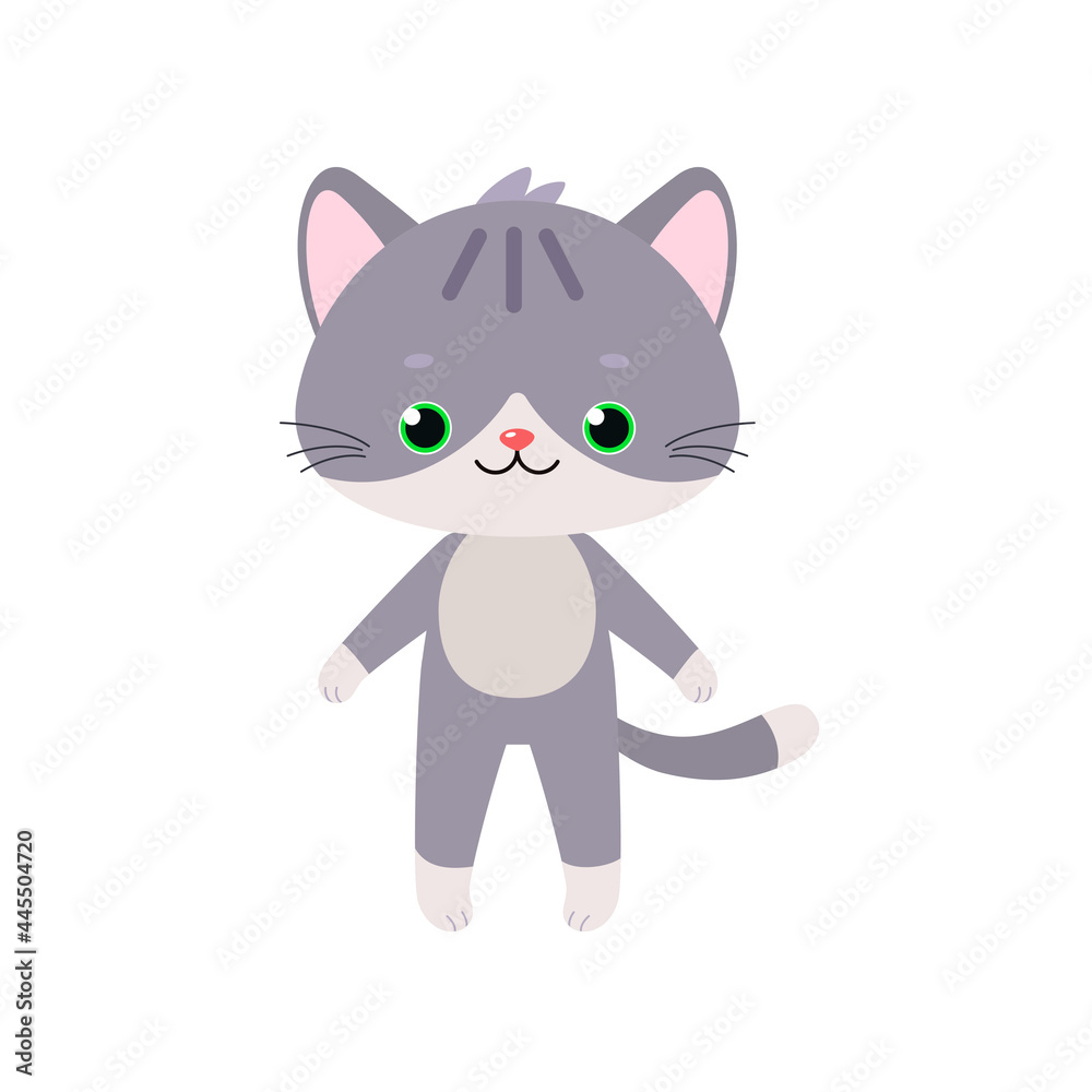 Cute gray kawaii cat stands isolated on white background Cute gray kawaii cat stands isolated on white background