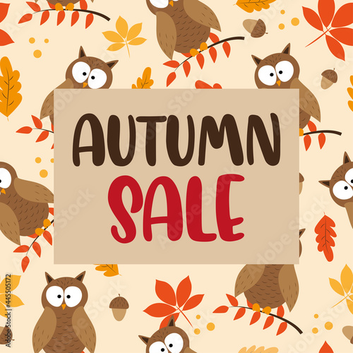 Autumn Sale - owl and autumn leaves web banner, ad, flyer, discount promotion, template design.