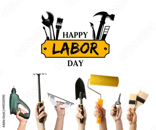Hands of workers with diffe...